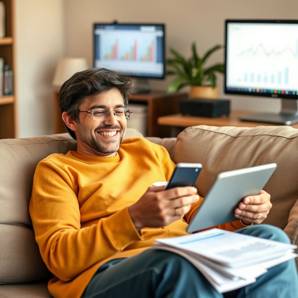 편안하고 밝은 표정의 인물이 소파에 앉아 차를 마시거나 금융 관련 앱을 편안하게 확인하는 모습입니다. 인물 주변은 따뜻하고 안정적인 분위기이며, 배경에는 깨끗하게 정리된 금융 서류나 컴퓨터 화면이 보입니다. 서비스 가입 후 금융 명의 도용에 대한 걱정 없이 안심하고 일상생활을 영위하는 모습을 표현하는 이미지입니다.