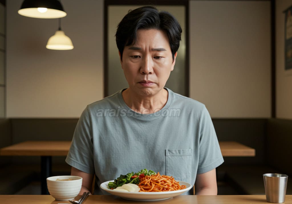 식욕이 증가한 한국인, 그러나 체중이 감소한 모습. 음식 앞에서 걱정스러운 표정을 짓고 있는 장면입니다.