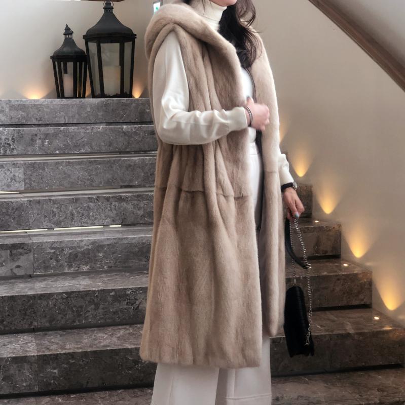 후드 롱 밍크 베스트 모피 조끼 2color