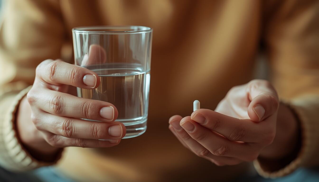 수면의 질을 높이기 위해 마그네슘 영양제를 챙겨 먹는 모습