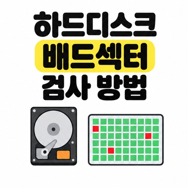 하드디스크 배드섹터 검사 방법 제목 아래 HDD와 초록색 및 빨간색 격자가 표시된 상태 화면 그림