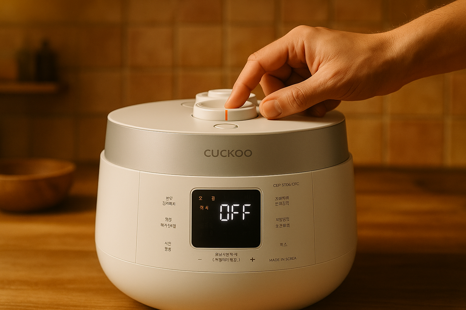 밥솥 전원을 끄는 손