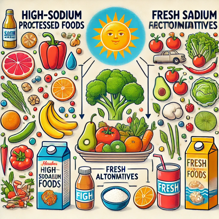 나트륨이 많은 가공식품과 신선한 대체 식품을 비교한 다이어그램