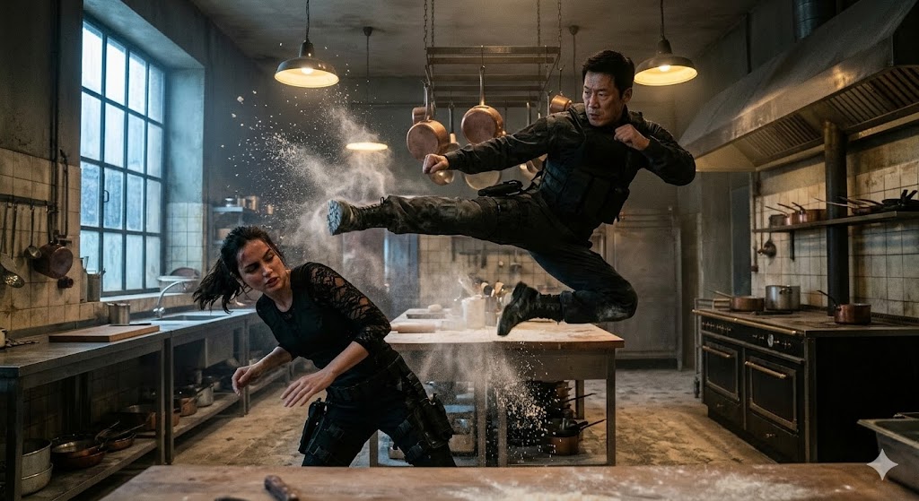 Jung Doo-hong performing a high-speed, intense martial arts kick in a fierce combat scene against Ana de Armas in an abandoned warehouse.