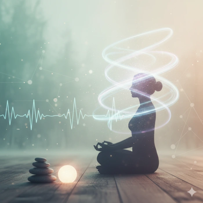 명상하는 사람의 실루엣, 뇌파를 연상시키는 빛의 흐름, 그리고 차분한 자연색이 어우러져 과학과 평화를 상징하는 이미지.