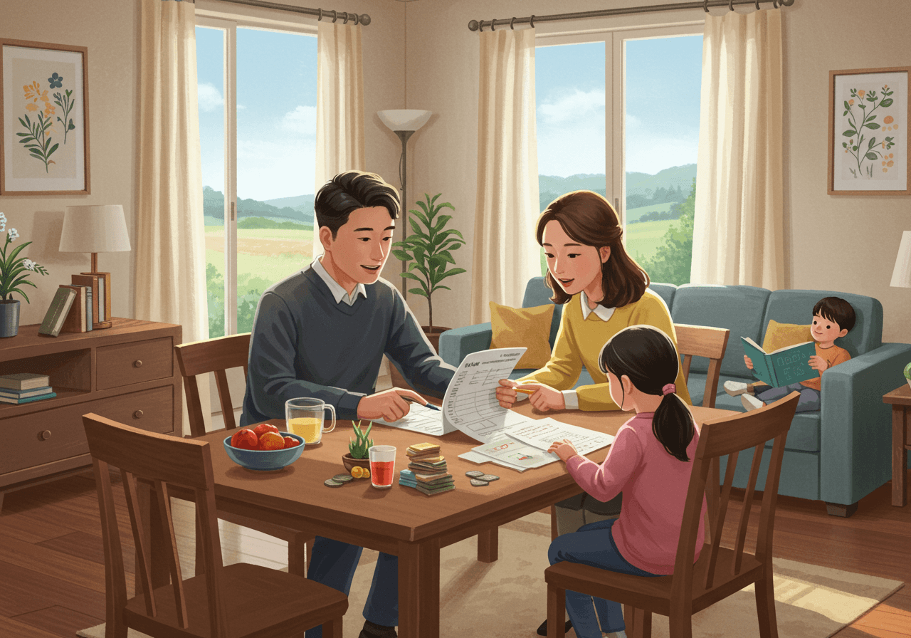 거실 식탁에 모여 앉아 생활비와 가계 지출을 함께 관리하는 한국인 가족의 모습, 부모는 서류를 확인하고 아이는 옆에서 책을 읽는 따뜻한 분위기