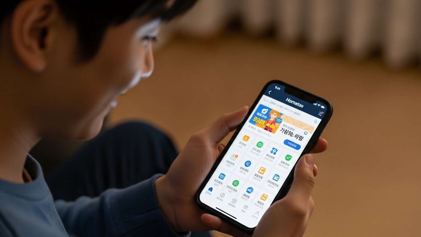 스마트폰으로 홈택스 앱을 켜고 안도하는 표정의 사람