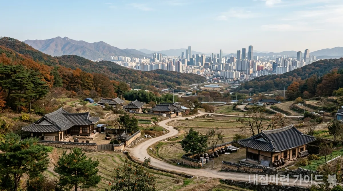 인구 감소를 겪는 한적한 한국 농촌 마을과 멀리 보이는 번화한 도시 풍경
