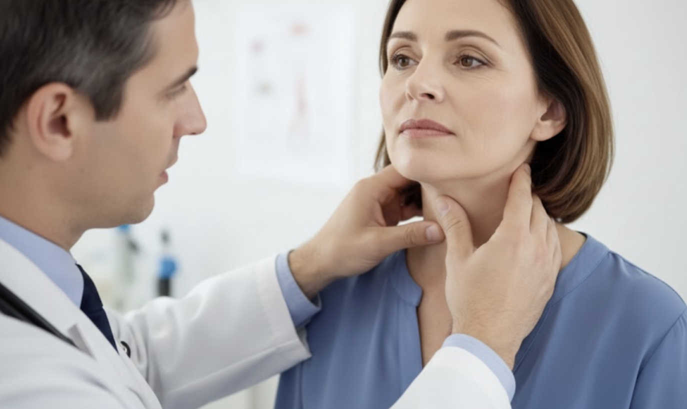 갑상선 기능 저하증으로 인한 체중 증가와 부종 증상을 겪는 여성이 목의 갑상선 부위를 확인하는 모습