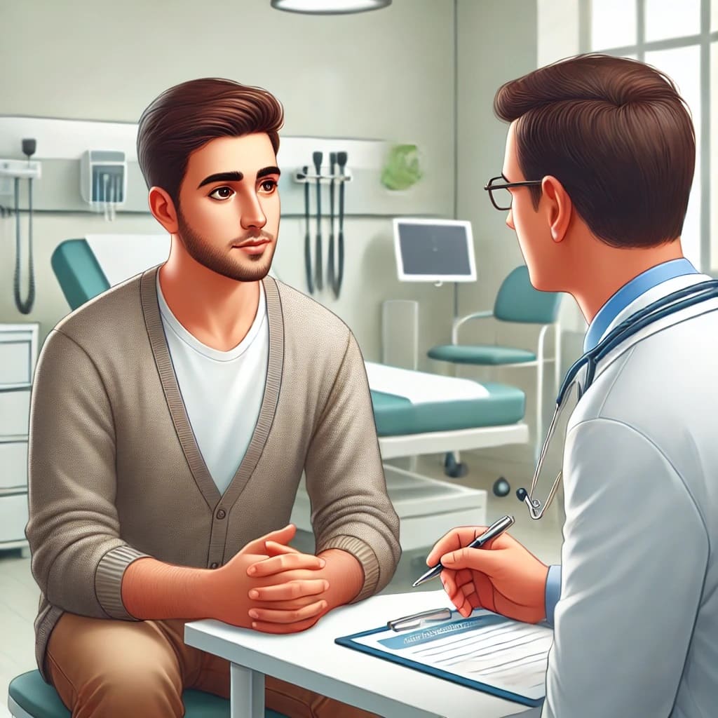 남성 환자가 비뇨기 증상으로 병원을 방문해 상담받는 장면