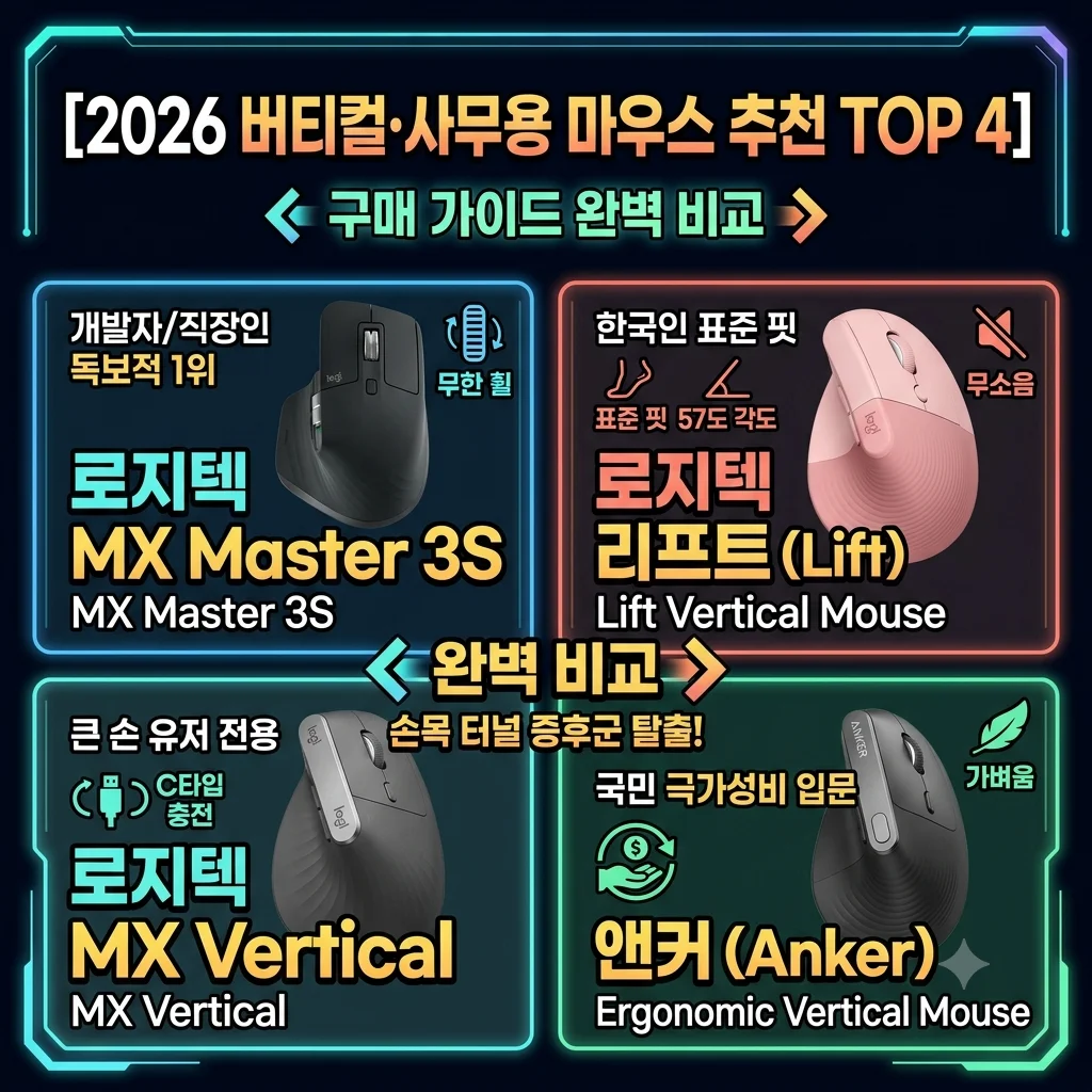 2026 버티컬 사무용 마우스 추천 TOP 4 로지텍 MX Master 3S 리프트 MX 버티컬 앤커 비교 손목보호 구매 가이드