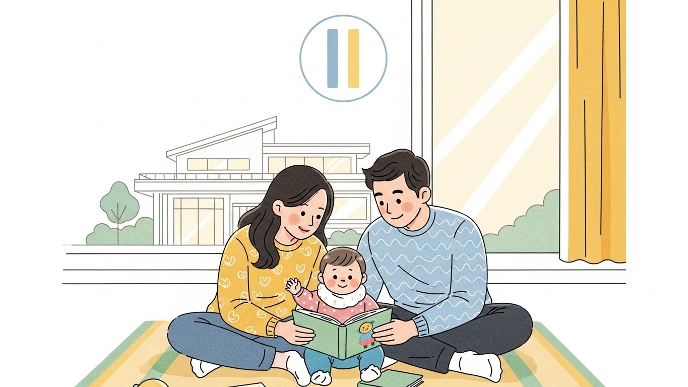 원금 상환 유예로 재정 부담을 덜고 육아에 집중하는 행복한 가족의 모습. 편안한 분위기에서 아이와 함께하는 시간을 상징합니다.