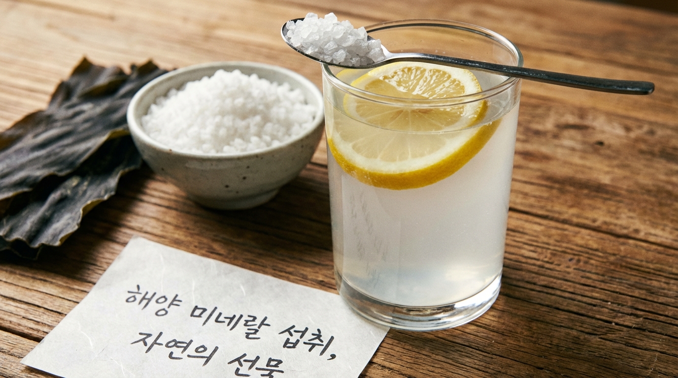 키토 플루 예방을 위해 미네랄이 풍부한 천일염과 레몬을 띄운 물 한 잔의 모습