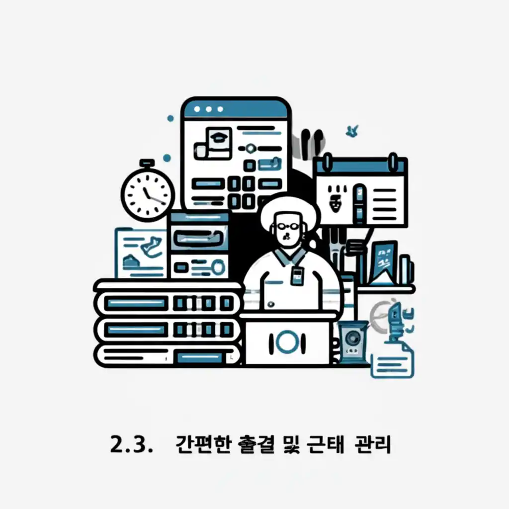 노인 일자리 업무 시스템의 간편한 출결 관리 화면. 직원의 근무 현황 및 근태 기록을 쉽게 확인합니다.