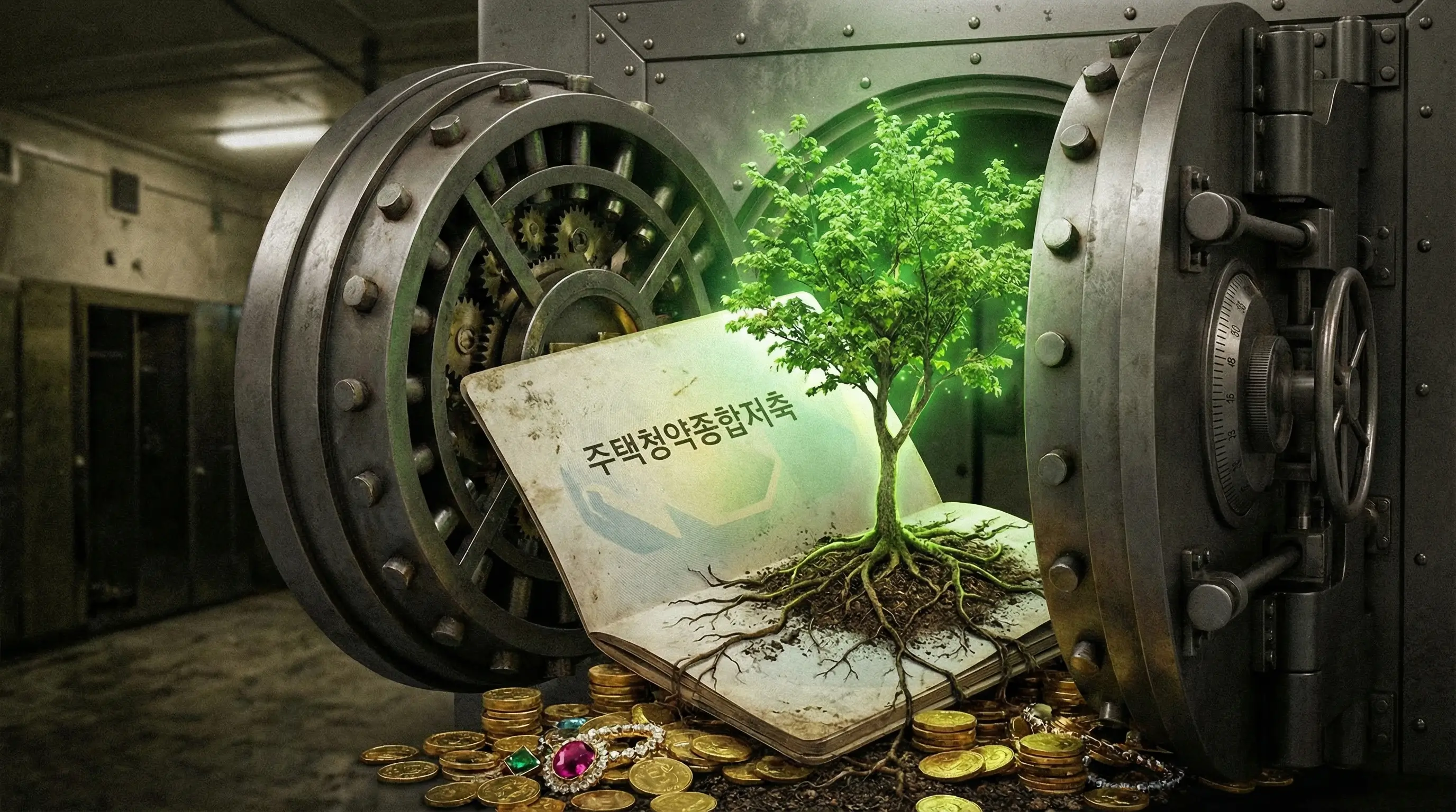 견고한 금고 안에 보관된 청약통장과 성장하는 나무 이미지