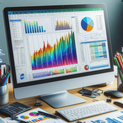 스프레드시트와 여러 그래프를 분석하는 데이터 분석 장면.