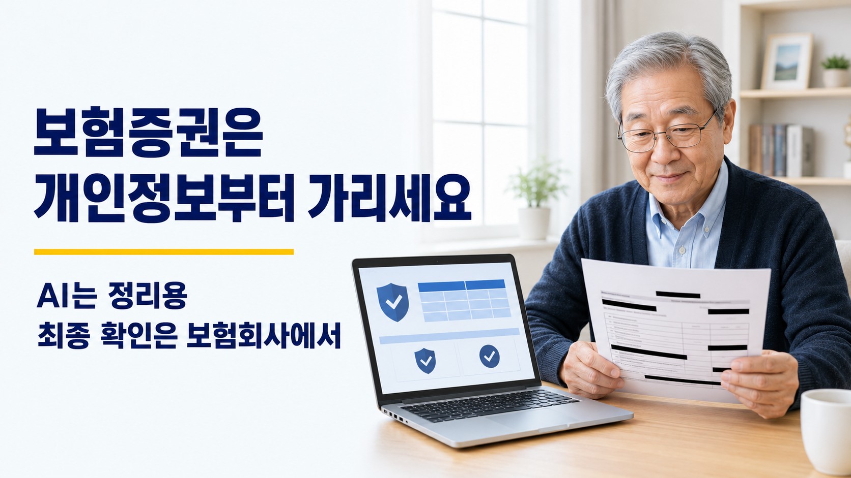 개인정보를 가린 실손보험 증권과 AI가 정리한 보험 보장 비교표를 컴퓨터 화면으로 확인하는 70대 한국인 남성