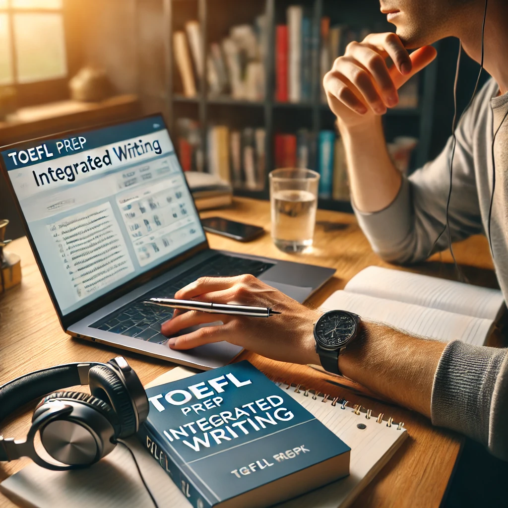 헤드폰으로 듣기 자료를 들으며 통합형 라이팅 연습을 하는 학생, 정리된 공부 공간