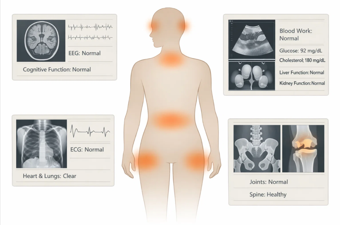 뇌파, 심전도, 혈액검사는 정상이나 신체에 불편 증상이 남아 있는 상태