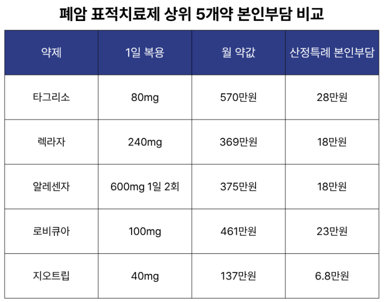 폐암 표적치료제 상위 5개약 본인부담 비교