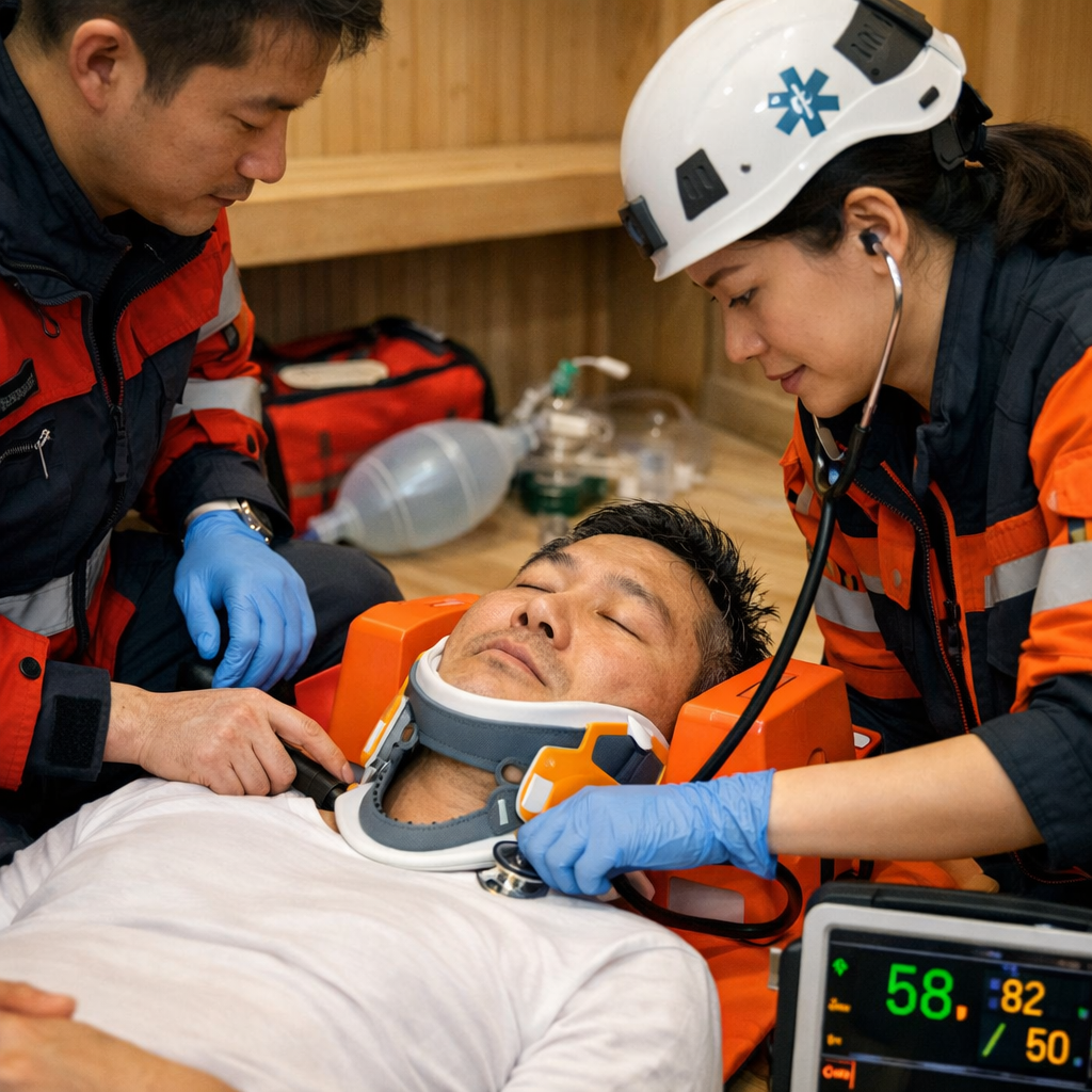 사우나에서 실신한 환자를 구급대원이 활력징후 평가하는 장면