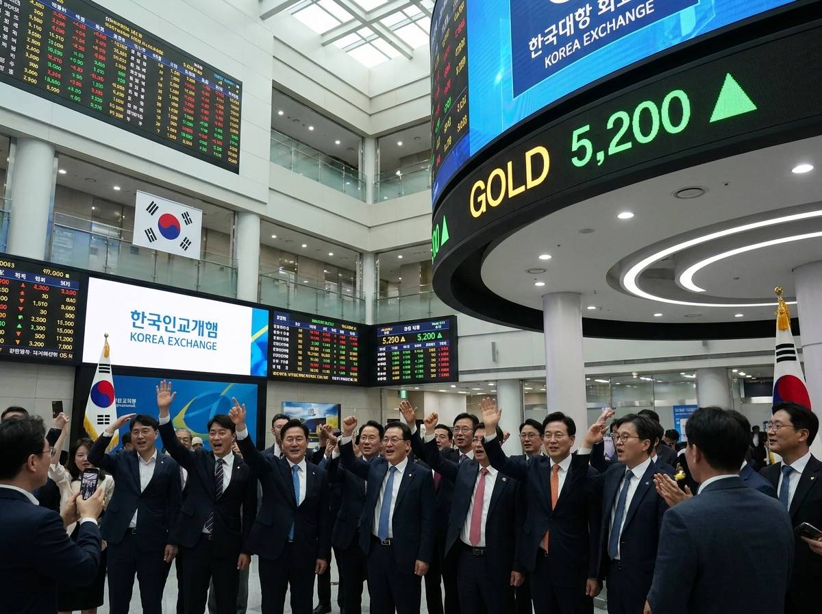 현대적인 거래소 내부, 대형 스크린에 'GOLD 5,200'이라는 숫자가 떠 있고 환호하는 투자자들