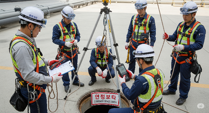 밀폐 공간 진입 전 안전 점검을 하는 근로자들