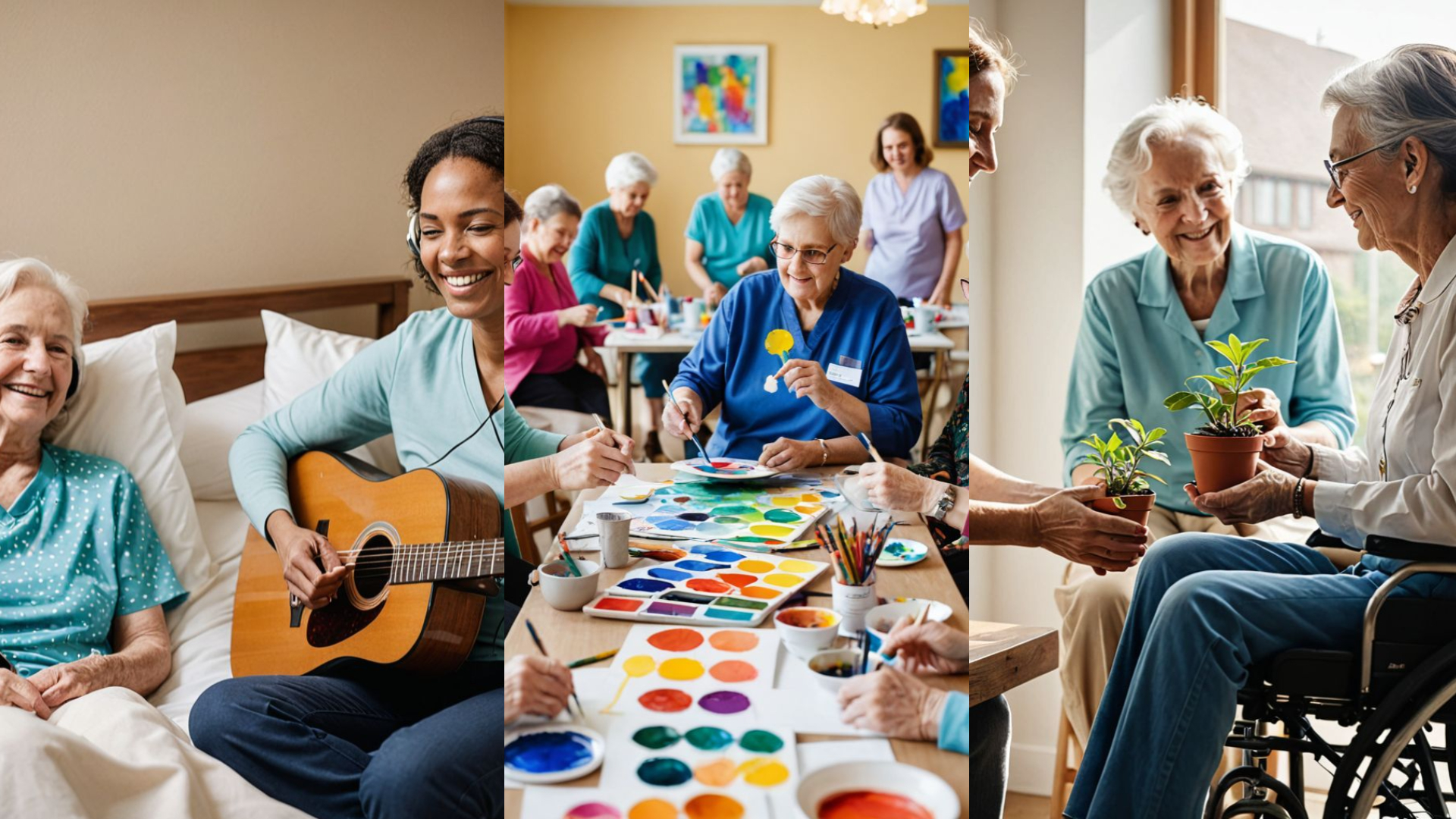 alt="호스피음악치료와 미술치료,원예치료를 받는 환자들"