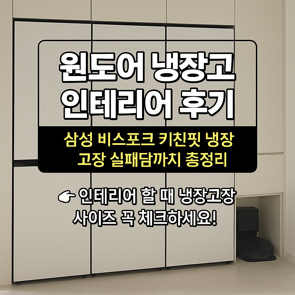 삼성 비스포크 키친핏 원도어 냉장고 인테리어 후기 썸네일 이미지, 냉장고장 사이즈 체크 강조 문구 포함