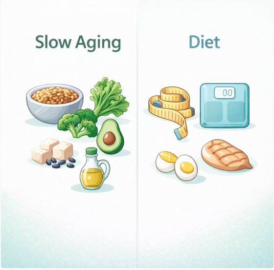 저속노화 식단과 다이어트 식단을 비교하는 인포그래픽 이미지