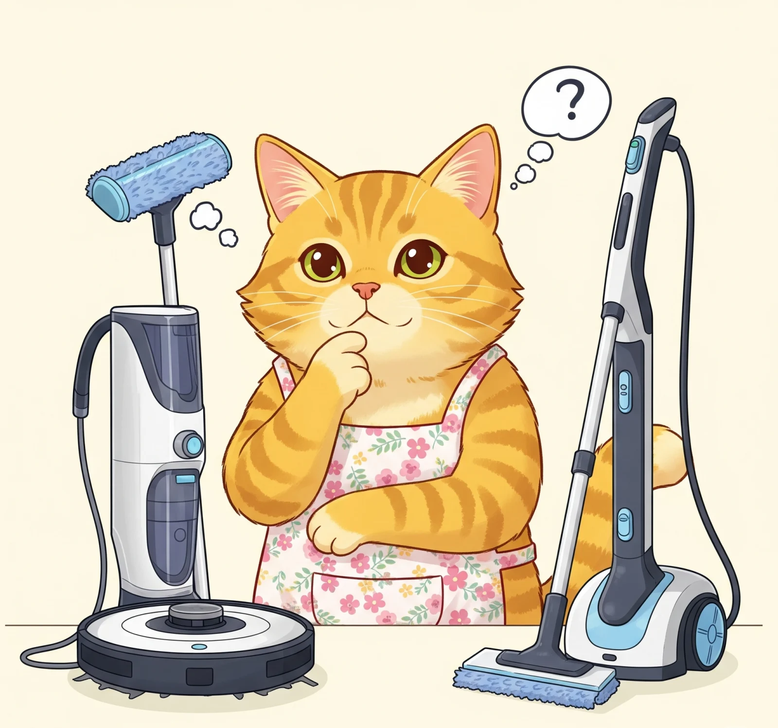 최신 청소 도구를 생각하는 고양이 그림, Illustration of a cat thinking about the latest cleaning tools