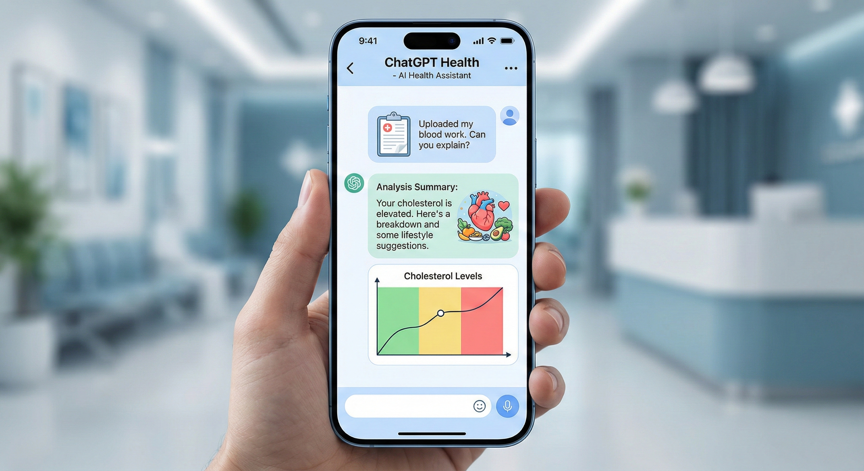 사용자가 업로드한 건강검진 기록을 분석하여 알기 쉽게 설명해주는 ChatGPT Health 앱 실행 화면