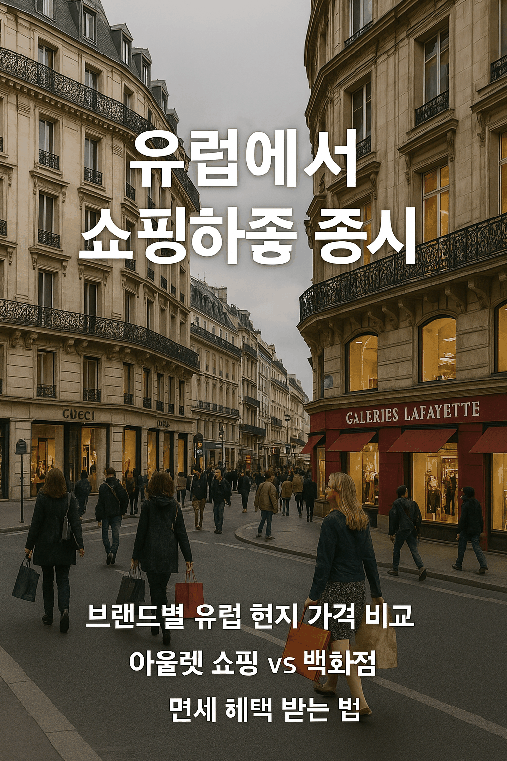 유럽의 고풍스러운 거리에서 쇼핑백을 든 사람들이 명품 매장과 백화점 사이를 오가는 활기찬 풍경