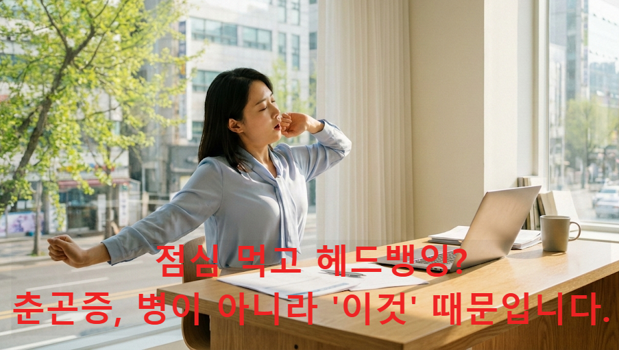 따스한 봄 햇살이 들어오는 사무실에서 가볍게 하품하며 기지개를 켜는 30대 한국 직장인 여성의 모습. 춘곤증 원인 대표 이미지.