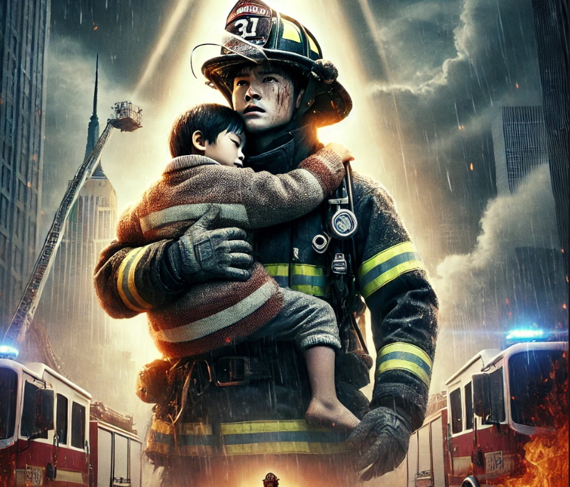 소방관이 아이를 안고 있음