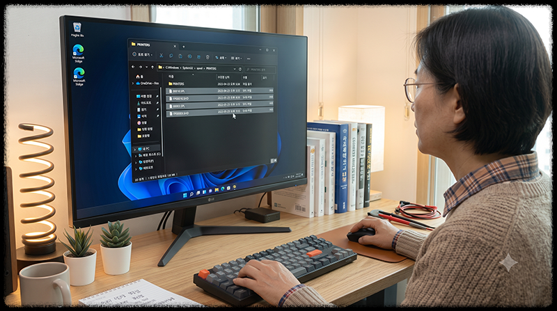 Windows Printers 폴더에서 남아 있는 인쇄 대기 파일만 삭제하는 모습