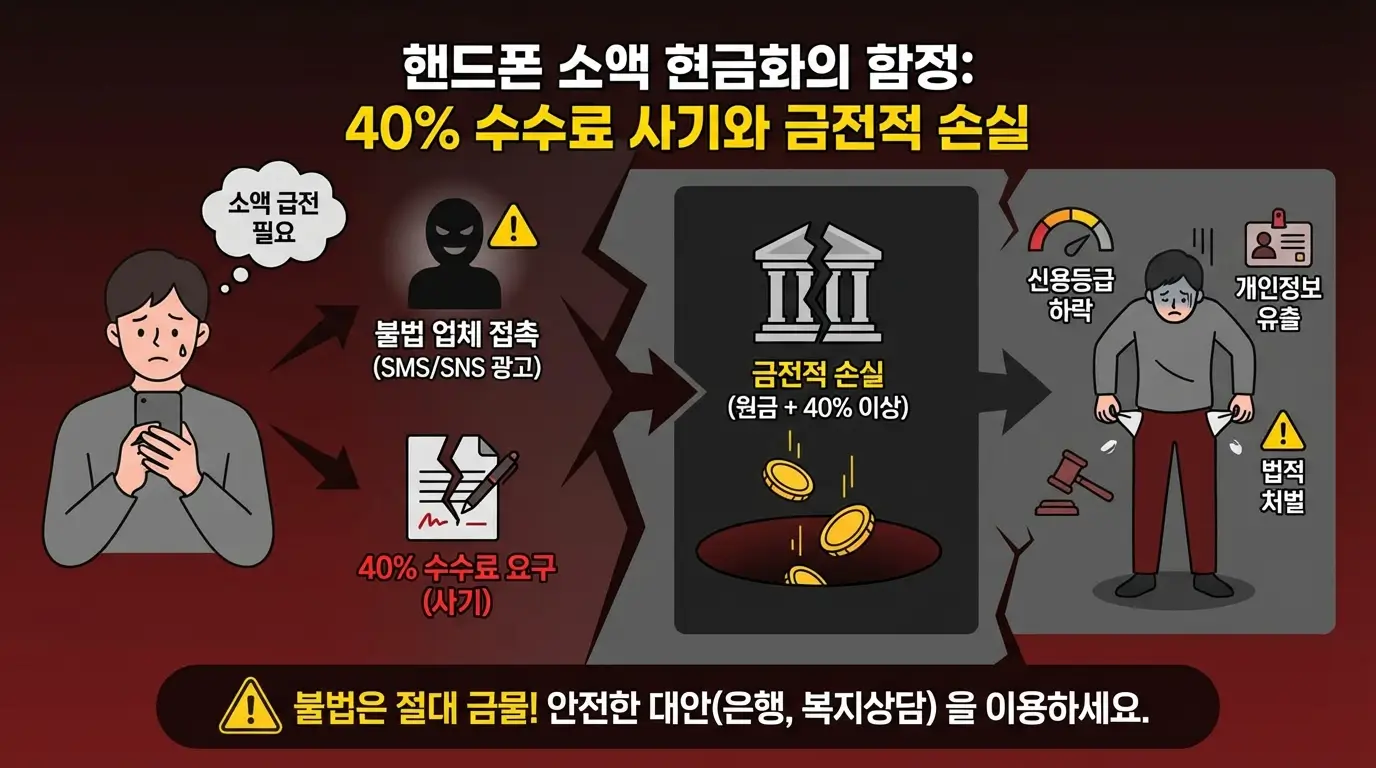 불법 업체를 통해 핸드폰 소액 현금화 진행 시 발생하는 40% 수수료 사기와 금전적 손실을 보여주는 인포그래픽
