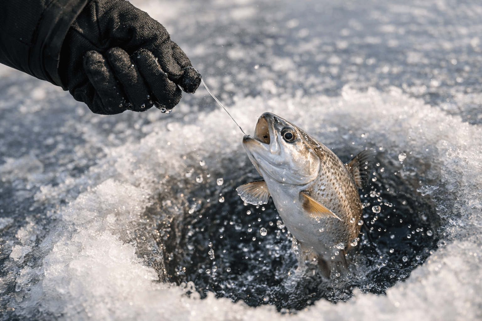 얼음 구멍에서 산천어를 낚아 올리는 모습