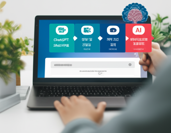 사람이 ChatGPT와 상호작용하며 노트북에 프롬프트를 입력하고, AI가 효율적으로 반응하는 모습을 시각화한 이미지