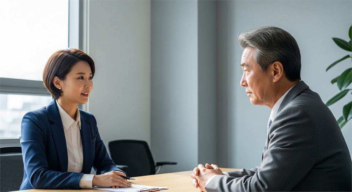 인사 담당자와 고령 근로자가 계속고용을 상담하는 모습 