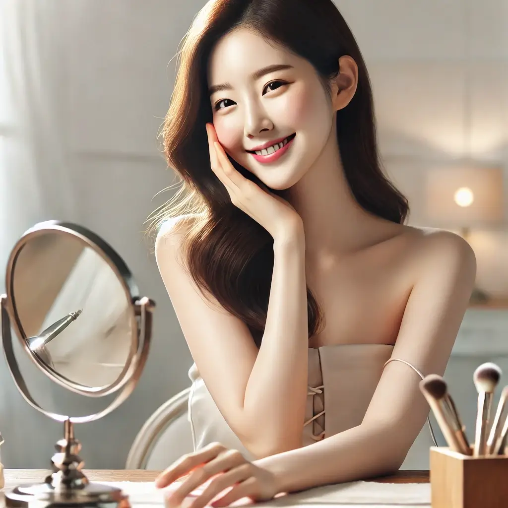 화장대 앞에서 거울을 보며 볼을 터치하는 아름다운 한국인 여성