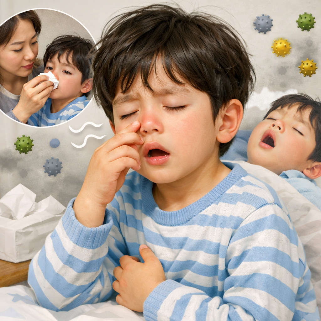 비염 아이 코막힘으로 힘들어하는 모습과 콧물 증상