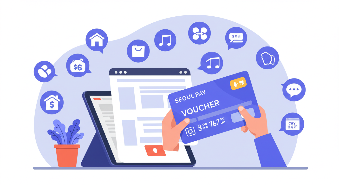 소비쿠폰으로 온라인 쇼핑을 시도하는 장면을 표현한 일러스트