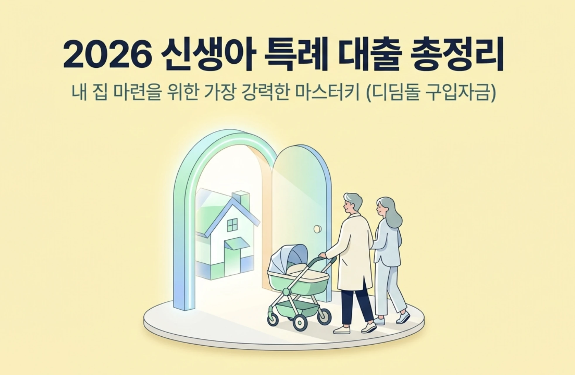 신생아 특례 대출 조건: 2026 신생아 특례 대출 총정리 대표 이미지. 유모차를 미는 부부가 집으로 들어가는 그림과 함께 신생아 특례 디딤돌 구입자금대출로 내 집 마련을 준비하는 모습을 표현함. 출산 가구의 소득요건 금리 한도 등 신생아 특례 대출 조건 핵심 정보를 안내하는 블로그 글의 대표 이미지임.
