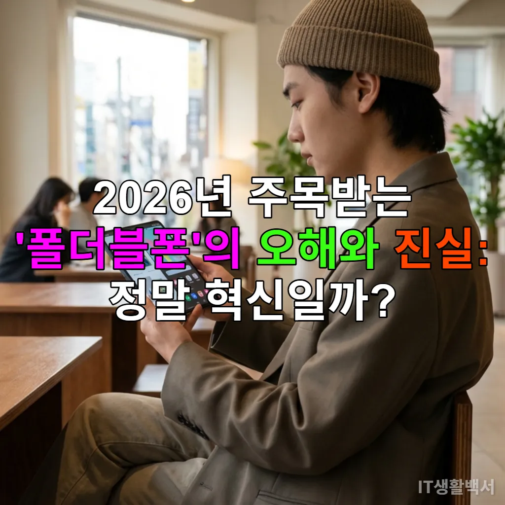 서울의 현대적인 카페에서 젊은 한국인이 북스타일 폴더블폰을 펼쳐 멀티태스킹하는 모습