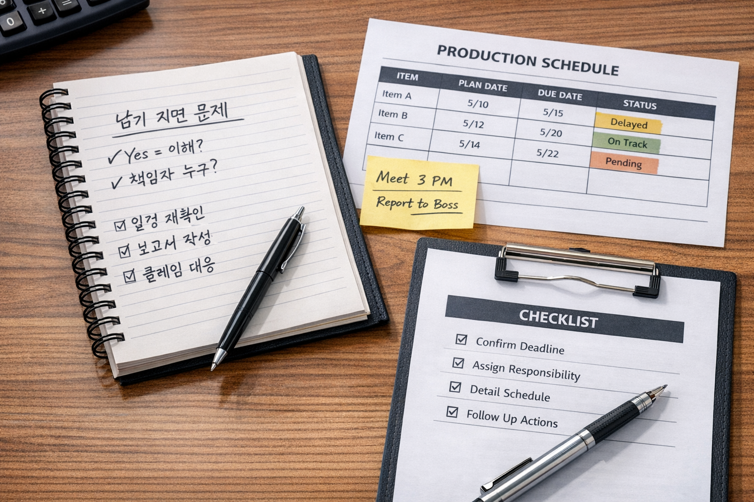 베트남 공장 생산 일정표와 실무 체크리스트가 놓인 책상 위 장면
