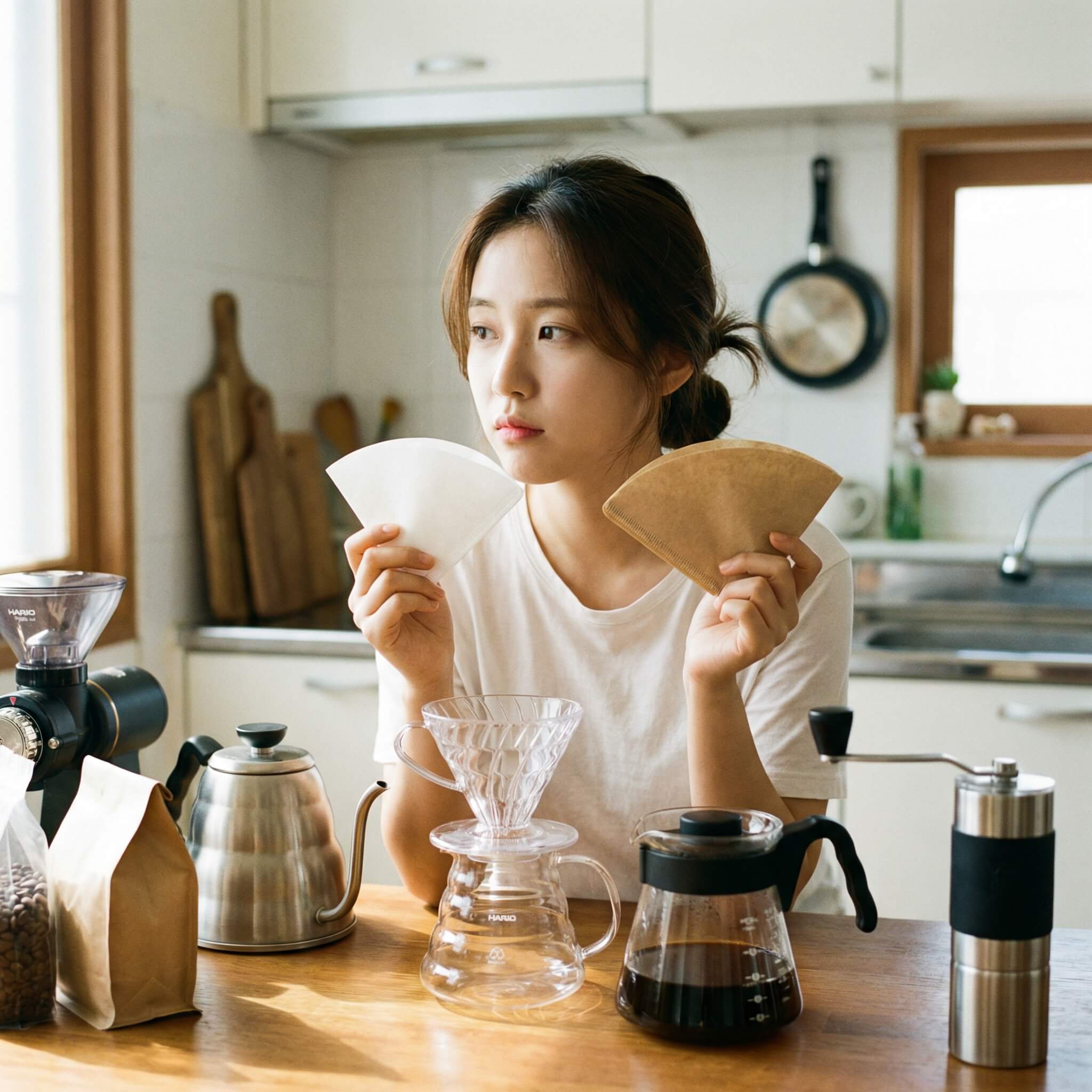 커피필터를 들고있는 여성