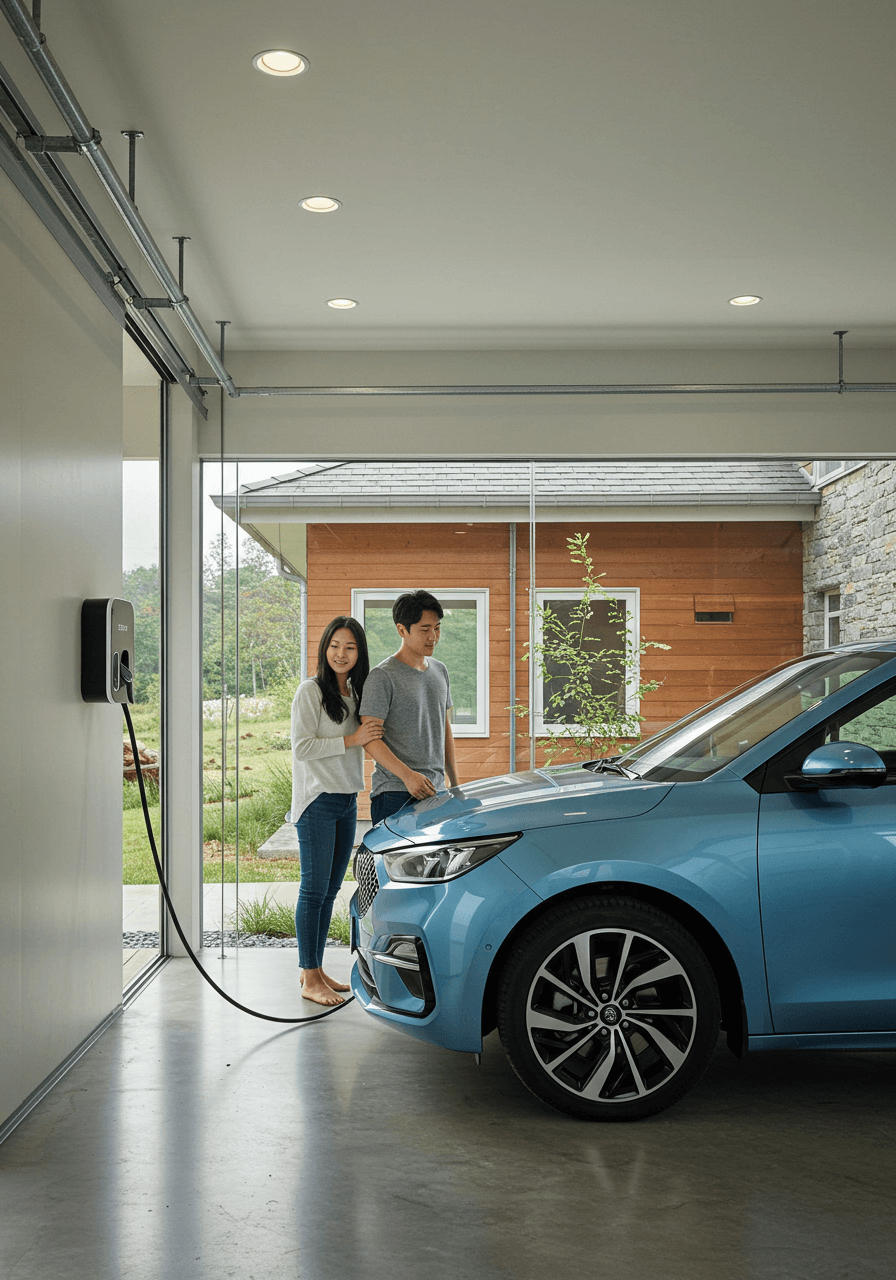 실내 주차장에서 전기차를 충전 중인 30대 한국인 부부 모습