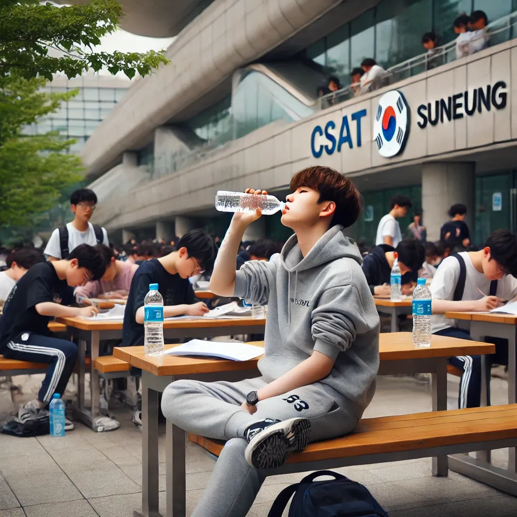 수능 시험 도중 휴식을 취하는 한국 고등학생&amp;#44; 시험장 밖에서 벤치에 앉아 물을 마시고 스트레칭하는 모습
