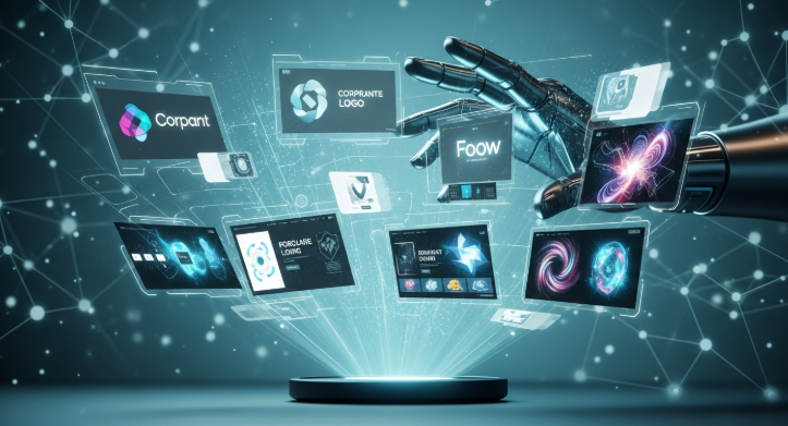 AI를 활용하여 로고, 웹사이트 디자인, 디지털 아트 등 다양한 디자인 작업을 자동화하고 판매하는 모습을 상징하는 이미지.